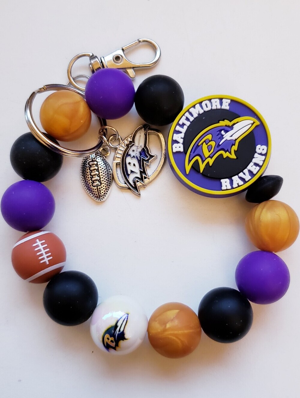 Handmade Ravens Beaded Silicone Focal Bead Wristlet Keychain Bracelet